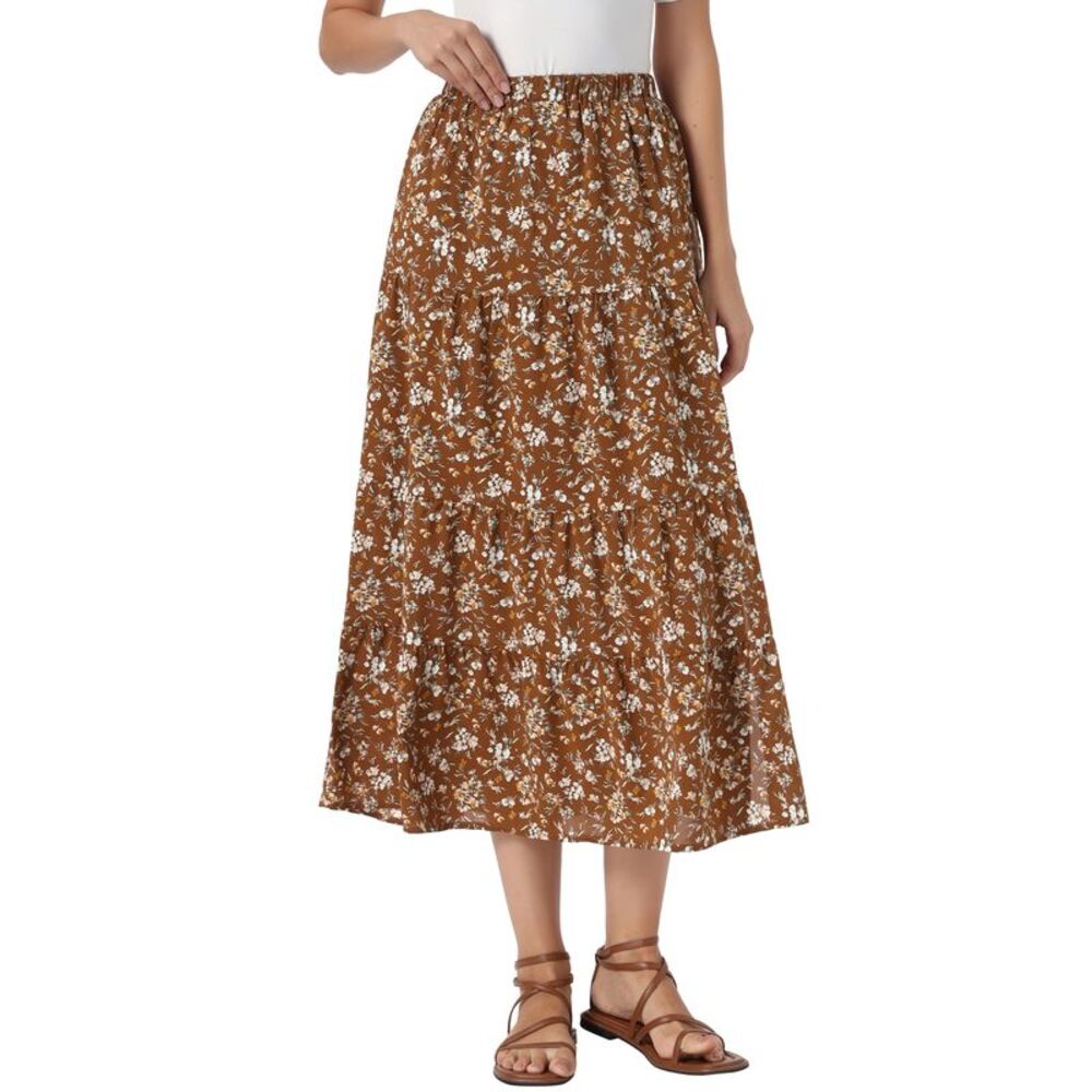 Women Boho Elastic High Waist A-Line Skirts Floral Maxi Skirt Brown